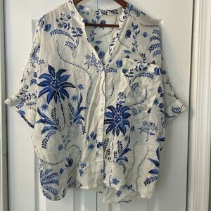 Sheer Top Women Large White Button Up Cotton Blue Floral Coastal Beachy Tropical